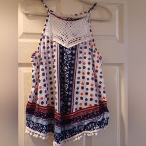 Pretty, boho tank top. Crocheted  accents, cute ball hem. SIZE L.